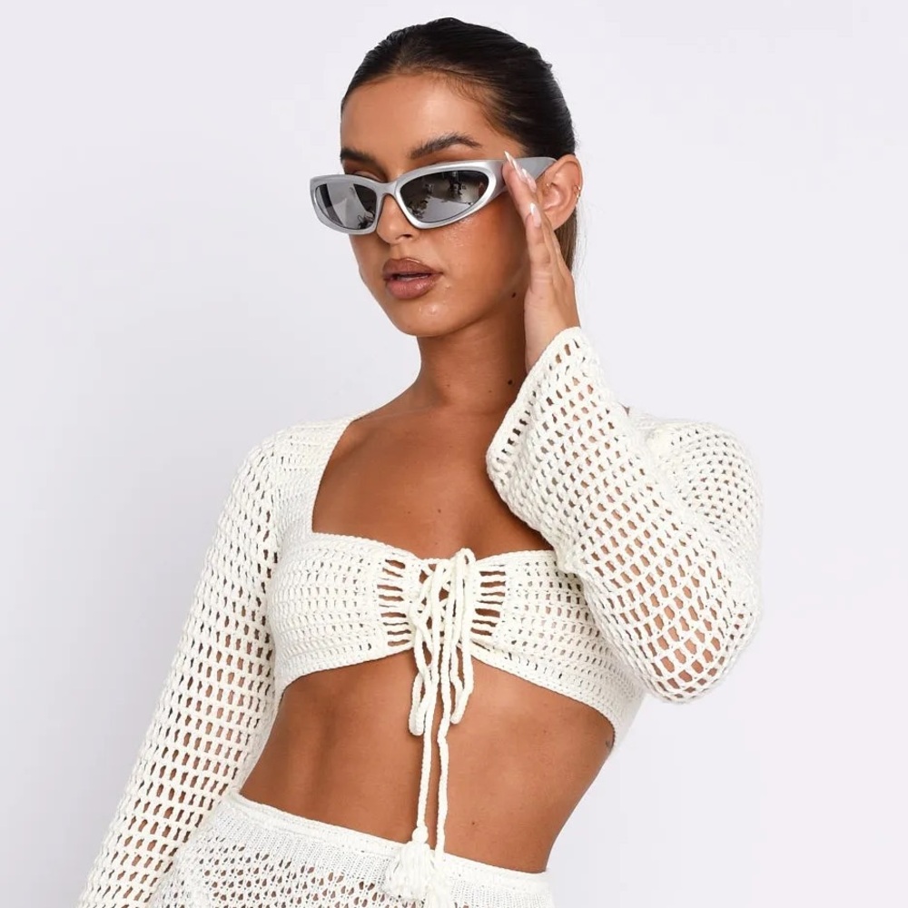 NWT White Fox Boutique I Was Here Long Sleeve Crochet Crop in Off White - S/M